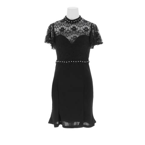 パールビジュードッキングレースフレア袖マーメイドミニ丈キャバドレス[SML/3サイズ展開](ブラック-Sサイズ)