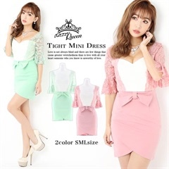 [SMLサイズ]フロントリボン付きバイカラー5分袖タイトミニドレス[3サイズ展開]