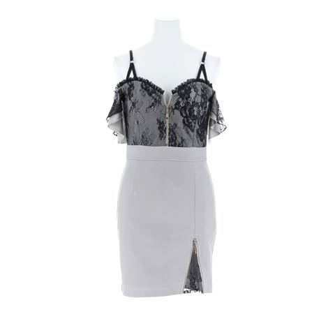 フリルレースオフショルファスナースリットタイトミニ丈キャバドレス[SML/3サイズ展開](グレー×ブラック-Sサイズ)