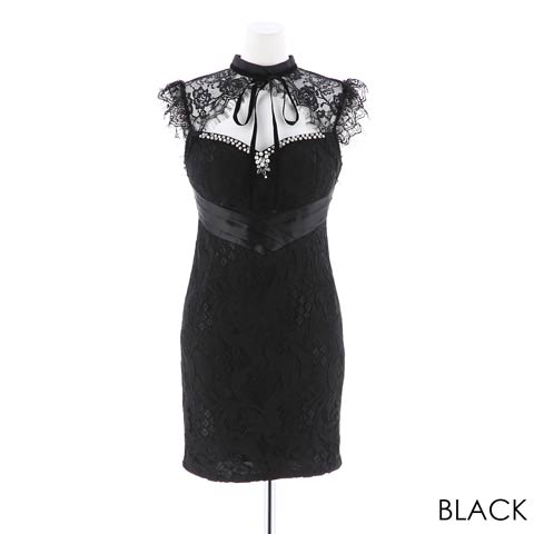 【盛りドレス】[SMLサイズ]ベロアリボン付き総レースタイトミニドレス[3サイズ展開](ブラック-S)