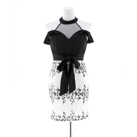 [SMLサイズ]シアーハイネック刺繍モチーフタイトミニドレス[3サイズ展開](ブラック×ホワイト-Sサイズ)
