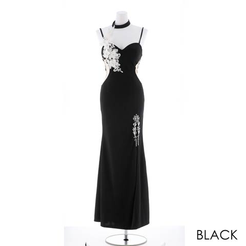 [SMLサイズ]スリット入りフラワー刺繍ビジューロングドレス[3サイズ展開](ブラック-Sサイズ)