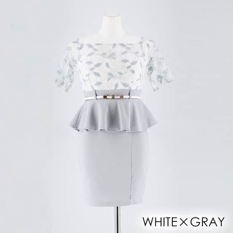 [MOARADY][SMLサイズ]袖付きオフショルタイトミニドレス[3サイズ展開](ホワイト×グレー-S)