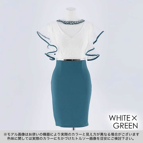 [SMLサイズ]レースフレアスリーブバイカラータイトミニドレス[3サイズ展開](ホワイト×グリーン-Sサイズ)