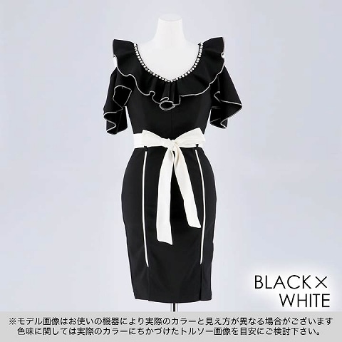[SMLサイズ]バイカラーフリルタイトミニドレス[3サイズ展開](ブラック×ホワイト-S)