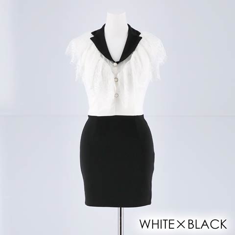 [SMLサイズ]襟付きバイカラーシースルーレースタイトミニドレス[3サイズ展開](ホワイト×ブラック-Sサイズ)