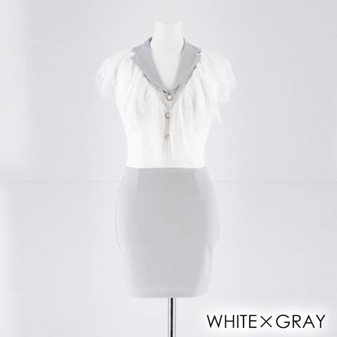 [SMLサイズ]襟付きバイカラーシースルーレースタイトミニドレス[3サイズ展開](ホワイト×グレー-Sサイズ)
