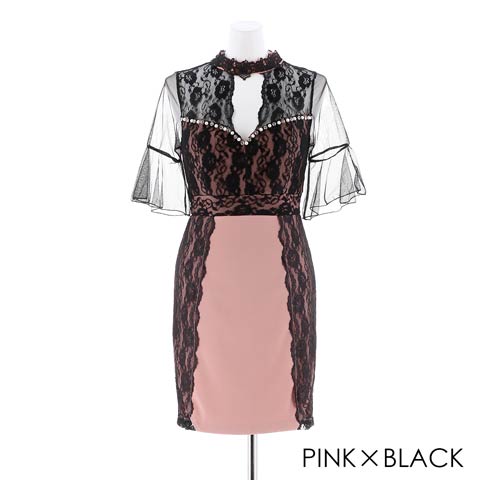 【応援ドレス】[SMLサイズ]ラグジュアリーブラックレースタイトミニドレス[3サイズ展開](ピンク×ブラック-Sサイズ)