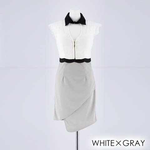 [SMLサイズ]襟付きフロントジップタイトミニドレス[3サイズ展開](ホワイトxグレー-Sサイズ)