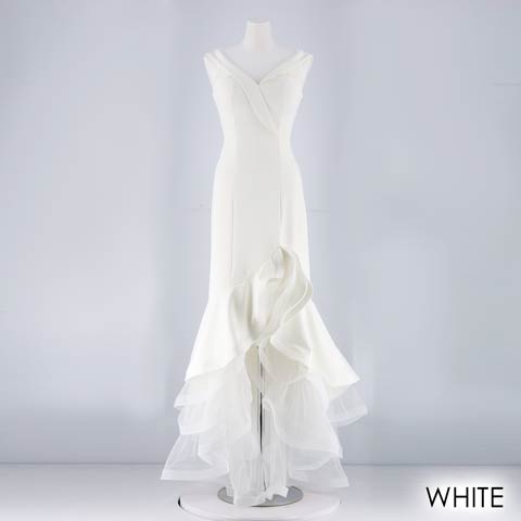 [SMLサイズ]オールホワイトチュールオフショルタイトロングドレス[3サイズ展開](ホワイト-Sサイズ)