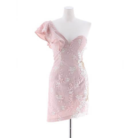 [SMLサイズ]フラワー刺繍ワンショルフレアスリーブタイトミニドレス[3サイズ展開](ピンク-Sサイズ)
