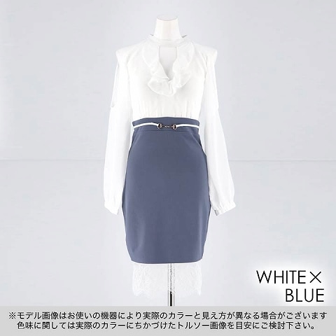 [SMLサイズ]カットアウトオープンショルダーバイカラータイト膝丈ドレス[3サイズ展開](ホワイトXブルー-S)