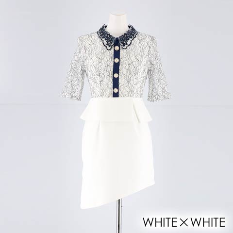 [SMLサイズ]襟付きシアーペプラムタイトミニドレス[3サイズ展開](ホワイト×ホワイト-Sサイズ)