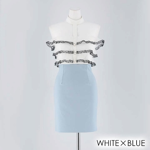 [SMLサイズ]チュールフリルオフショルタイトミニドレス[3サイズ展開](ホワイト×ブルー-Sサイズ)