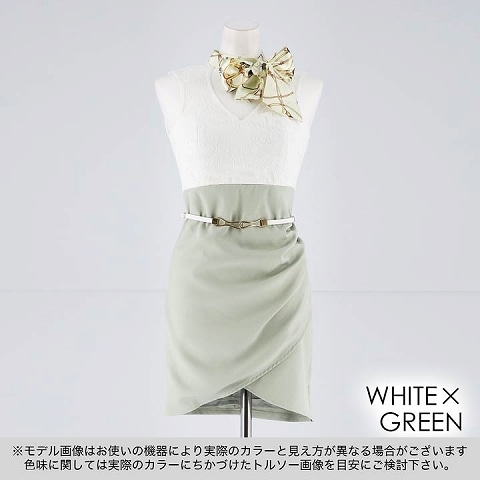 [SMLサイズ]スカーフ柄ハイネックリボンタイトミニドレス[3サイズ展開](ホワイト×グリーン-Sサイズ)
