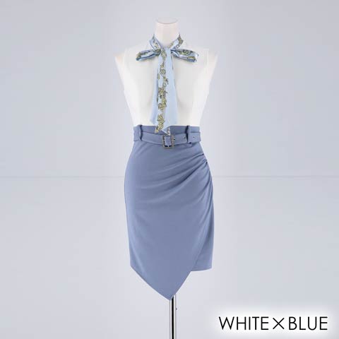 [SMLサイズ]スカーフ柄リボンバイカラータイトミニドレス[3サイズ展開](ホワイト×ブルー-Sサイズ)