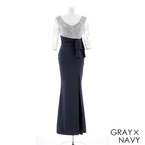 [XS～Lサイズ]袖付きフラワーレースタイトロングドレス[4サイズ展開](グレー×ネイビー-XS)