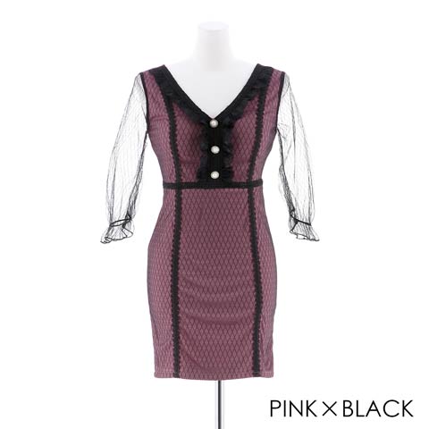 [SMLサイズ]袖付きシースルードットタイトミニドレス[3サイズ展開](ピンクXブラック-S)