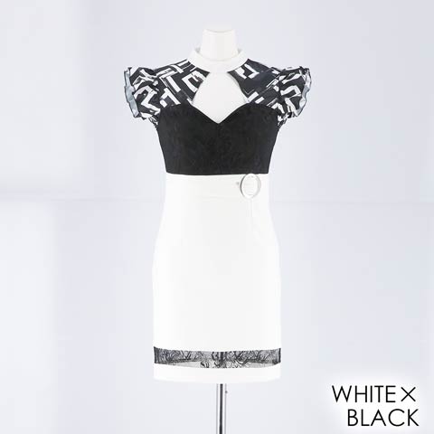 【応援ドレス】[SMLサイズ]ハイネックデコルテカットタイトミニドレス[3サイズ展開](ホワイト×ブラック-Sサイズ)