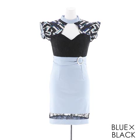 【応援ドレス】[SMLサイズ]ハイネックデコルテカットタイトミニドレス[3サイズ展開](ブルー×ブラック-Sサイズ)