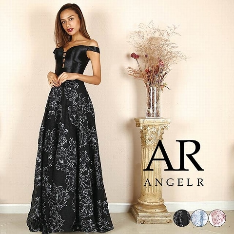 [AngelR]オフショルダーデザインカットフラワーモチーフフレアロングドレス[AR8812](ブラック-Sサイズ)