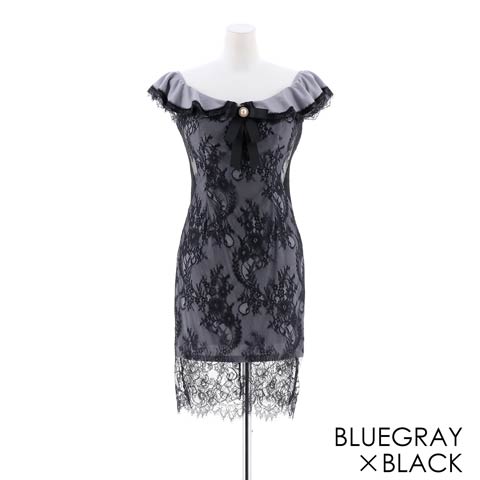 サイドシアーオフショルタイトミニドレス(ブルーグレー×ブラック-Mサイズ)
