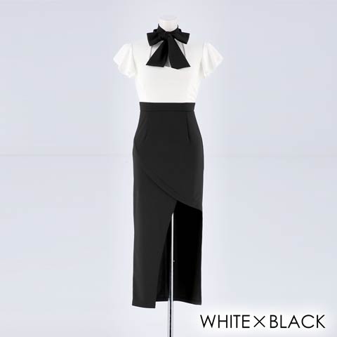 [SMLサイズ]ネックリボン変形スカートタイトロングドレス[3サイズ展開](ホワイト×ブラック-Sサイズ)
