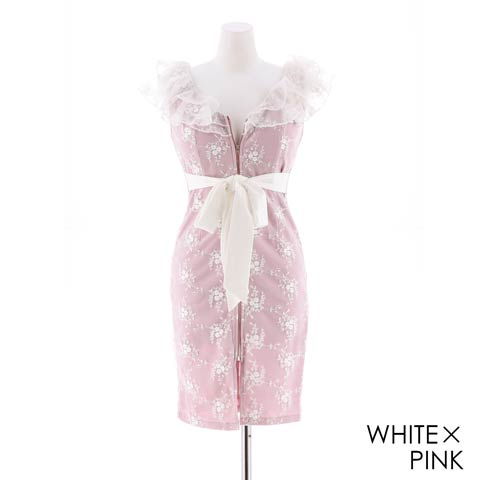 [SMLサイズ]フロントジップ薔薇刺繍タイトミニドレス[3サイズ展開](ホワイト×ピンク-Sサイズ)