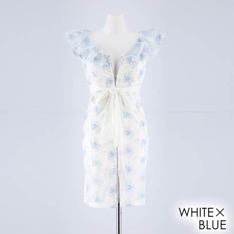 [SMLサイズ]フロントジップ薔薇刺繍タイトミニドレス[3サイズ展開](ホワイト×ブルー-Sサイズ)
