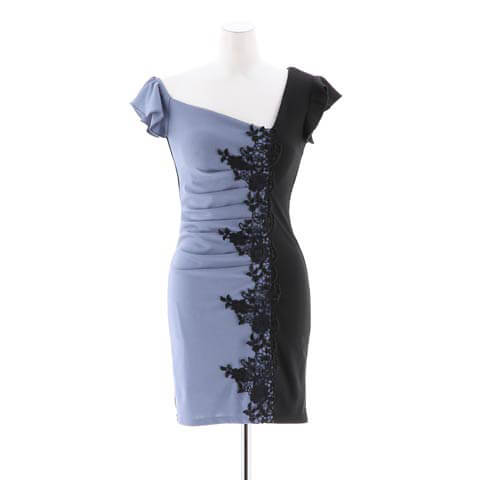 [SMLサイズ]バイカラーROSE刺繍オフショルフリル半袖タイトミニドレス[3サイズ展開](ブルー×ブラック-Sサイズ)