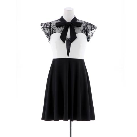 [SMLサイズ]バイカラーフロントリボン谷間透けフリル袖Aラインミニドレス[3サイズ展開](ブラックXホワイト-Sサイズ)