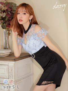 [SMLサイズ]オープンショルダーフリルシアーレースタイトミニドレス[3サイズ展開]