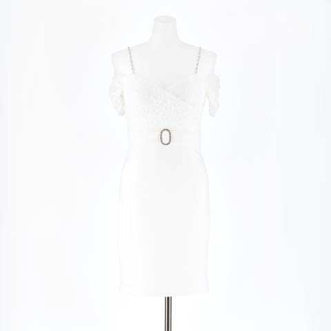 [SMLサイズ]カシュクールオフショルダーフェイクベルトタイトミニドレス[3サイズ展開](ホワイト×ホワイト-Sサイズ)