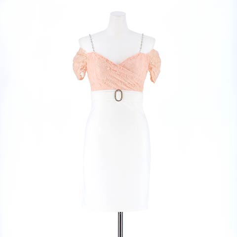[SMLサイズ]カシュクールオフショルダーフェイクベルトタイトミニドレス[3サイズ展開](ピンク×ホワイト-Sサイズ)
