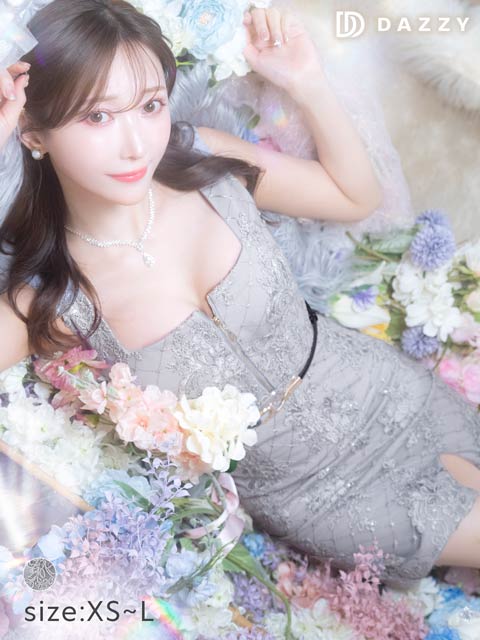 [XS~Lサイズ]フラワー格子フロントジップベルト付きノースリーブタイトミニドレス[4サイズ展開]