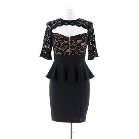 [SMLサイズ]シアーレース谷間ホールジップアップタイトミニドレス[3サイズ展開](ブラック-Sサイズ)