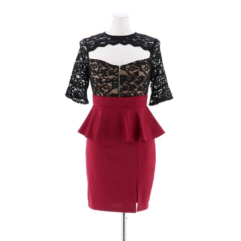 [SMLサイズ]シアーレース谷間ホールジップアップタイトミニドレス[3サイズ展開](ワインレッド-Sサイズ)