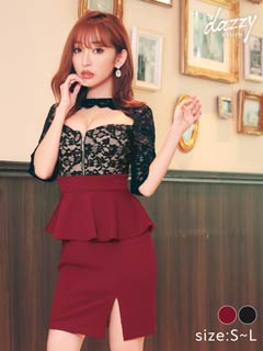 [SMLサイズ]シアーレース谷間ホールジップアップタイトミニドレス[3サイズ展開]