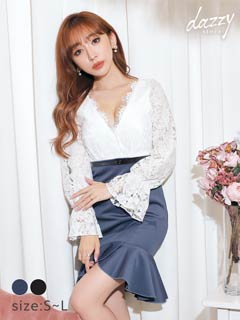 [SMLサイズ]フラワーレース長袖ベルト付きマーメイドラインミニドレス[3サイズ展開]