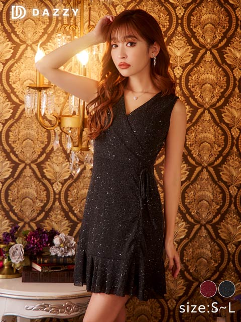 3/3UP[SMLサイズ]グリッターカシュクールフリルAラインミニドレス[3サイズ展開]