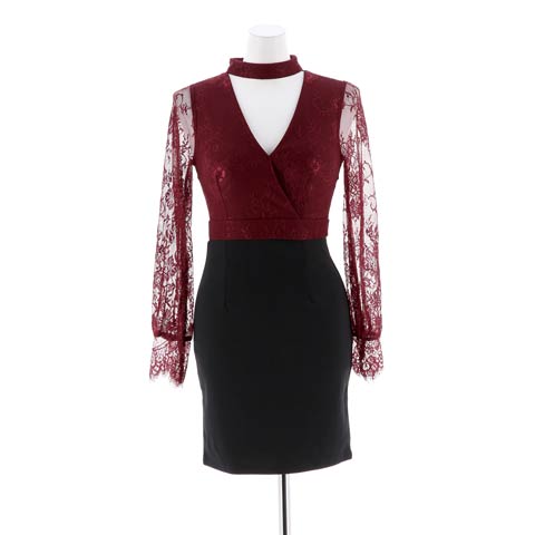 [SMLサイズ]カットアウトバックシアーレースタイトミニドレス[3サイズ展開](ワインレッド×ブラック-Sサイズ)