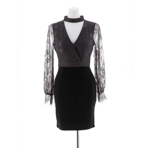 [SMLサイズ]カットアウトバックシアーレースタイトミニドレス[3サイズ展開](グレー×ブラック-Sサイズ)