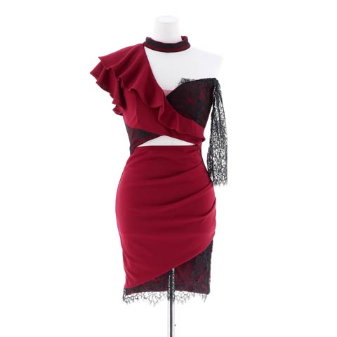 [SMLサイズ]ワンショルフリルカットアウトタイトミニドレス[3サイズ展開](ワインレッド-Sサイズ)