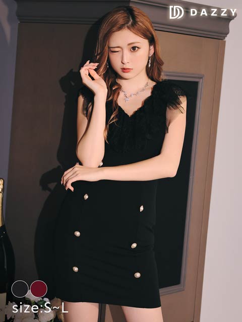 [SMLサイズ]チュールレースカラーパールボタンタイトミニドレス[3サイズ展開]