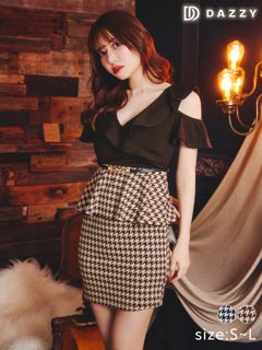 [SMLサイズ]フリル千鳥格子柄ぺプラムオープンショルダーベルト付きタイトミニドレス[3サイズ展開]