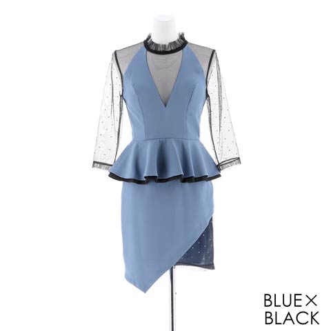 [SMLサイズ]ラインストーン袖付きシースルータイトミニドレス[3サイズ展開](ブルー×ブラック-Sサイズ)