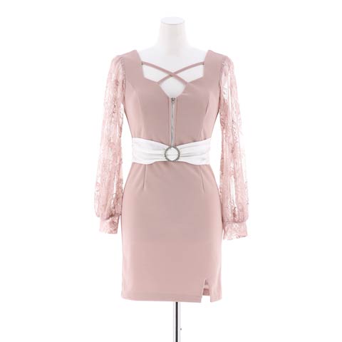 [明日花キララ着用][SMLサイズ]クロスジップビジューベルトモチーフ付きレース長袖タイトミニドレス[3サイズ展開](ピンクベージュ-Sサイズ)