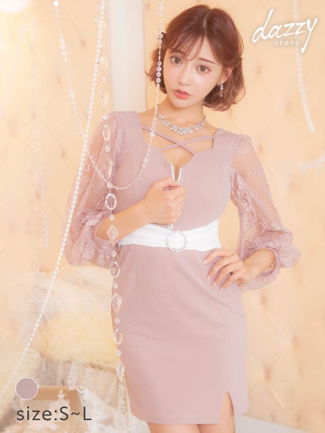 [明日花キララ着用][SMLサイズ]クロスジップビジューベルトモチーフ付きレース長袖タイトミニドレス[3サイズ展開]