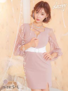 [明日花キララ着用][SMLサイズ]クロスジップビジューベルトモチーフ付きレース長袖タイトミニドレス[3サイズ展開]