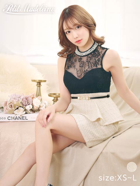 [XS~Lサイズ]パールネックペプラムツイードタイトミニドレス[4サイズ展開][桜井みづき着用/petit madeleine(プティマドレーヌ)]